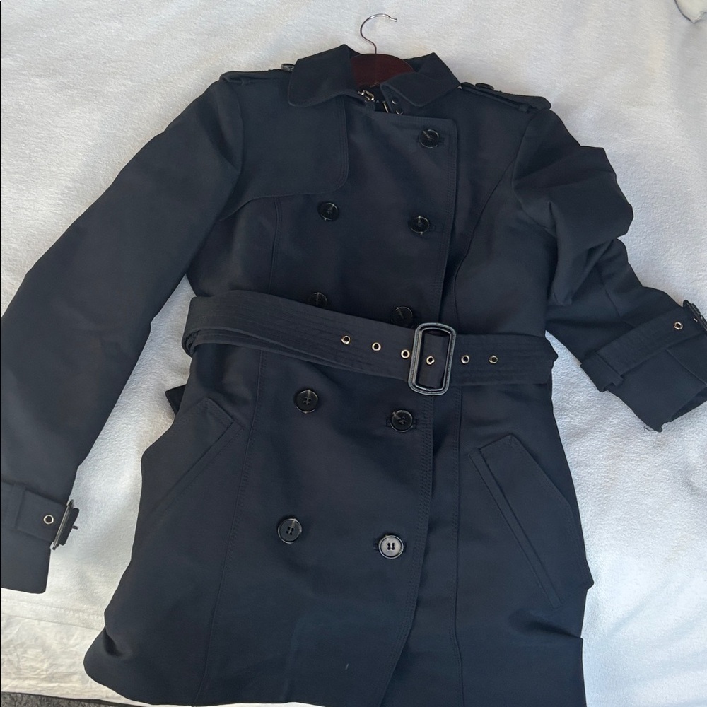 Women’s size small, Zara navy Trench Coat with Gold Accents